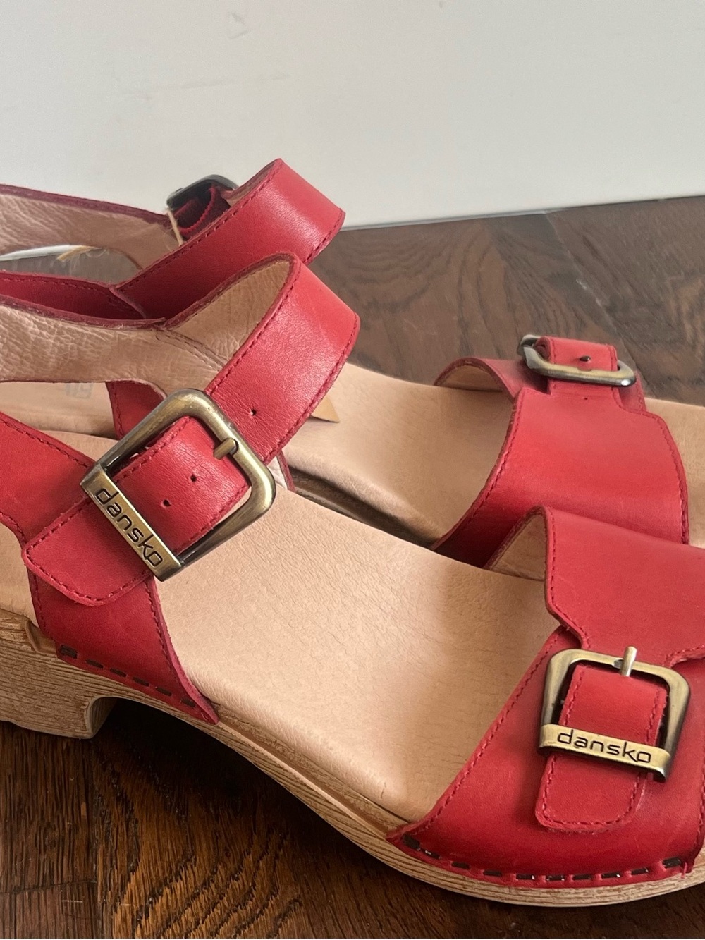 Dansko Red Leather Buckle Clog Sandals